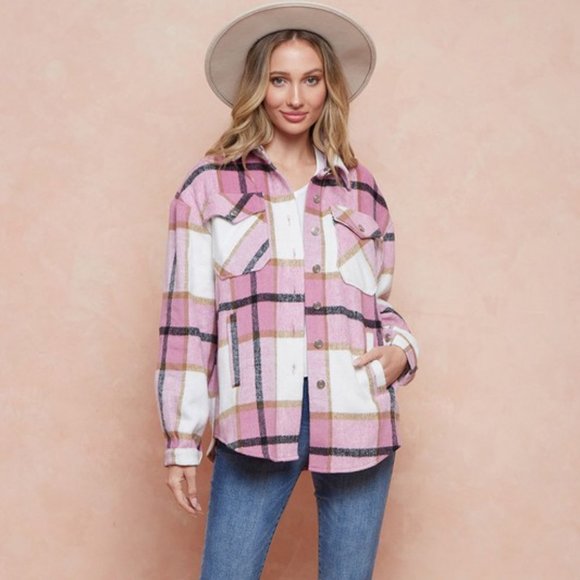 NEW SHACKET FLANNEL PLAID JACKET SHIRT pink/white SM-XLG bohemian western Barbie - Picture 7 of 8